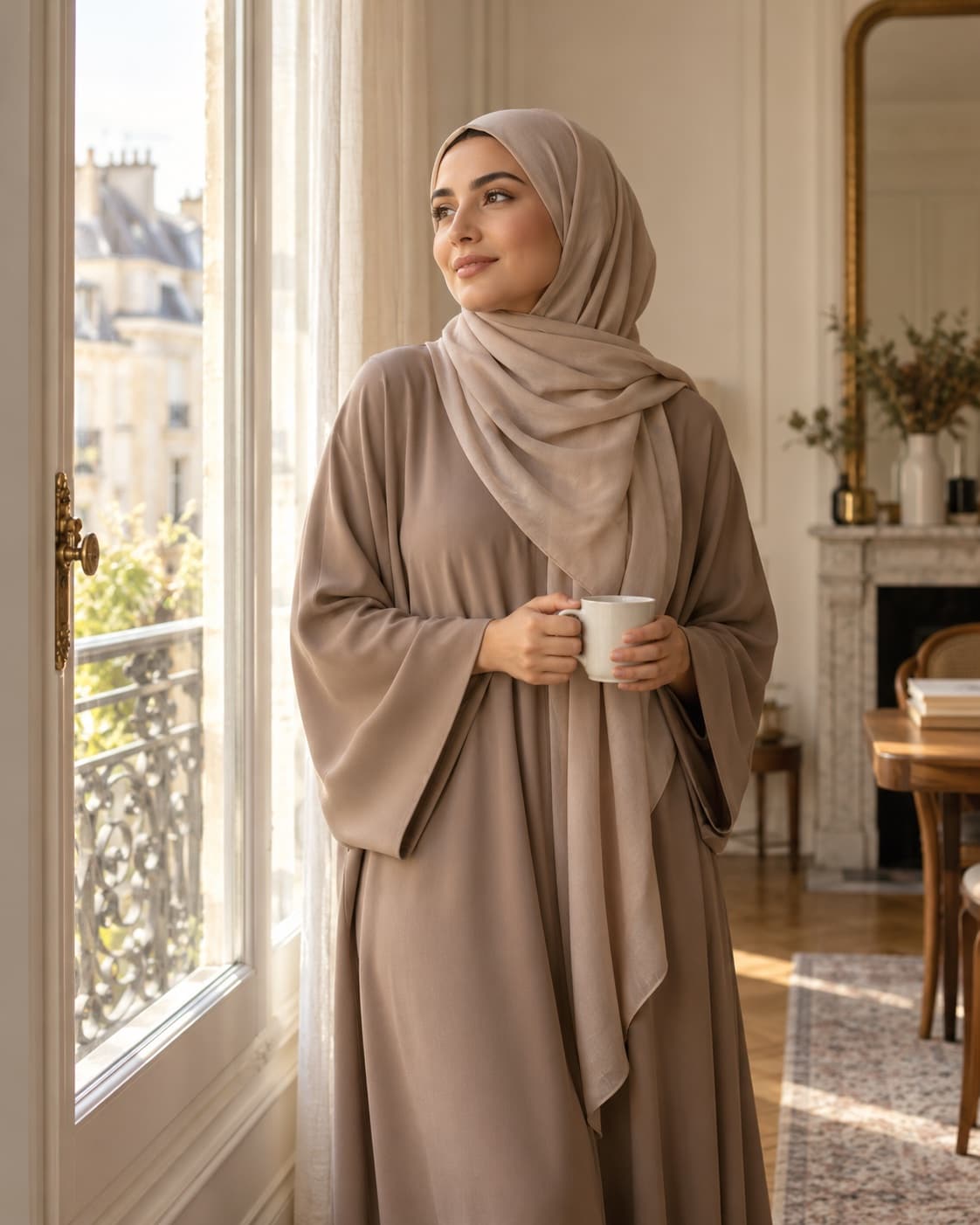 Femme musulmane sereine en hijab beige, éclairée par la lumière du matin